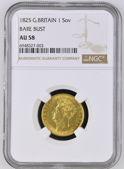 1825 George IV Bare Head Gold Full Sovereign - NGC AU-58