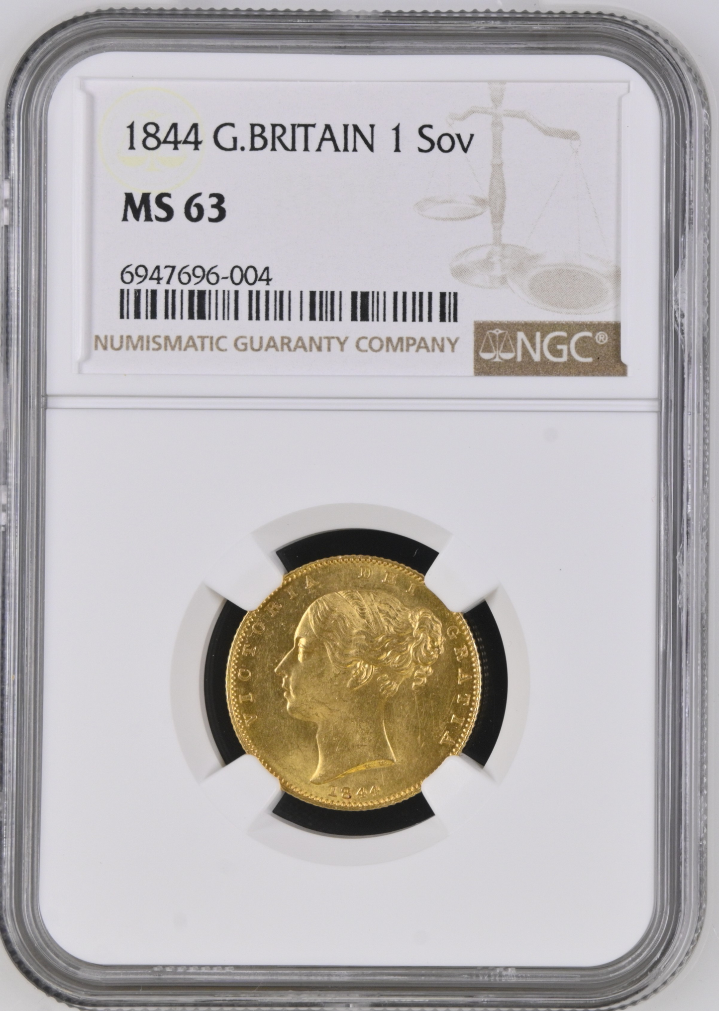 1844 Queen Victoria Shield Reverse Sovereign NGC MS 63