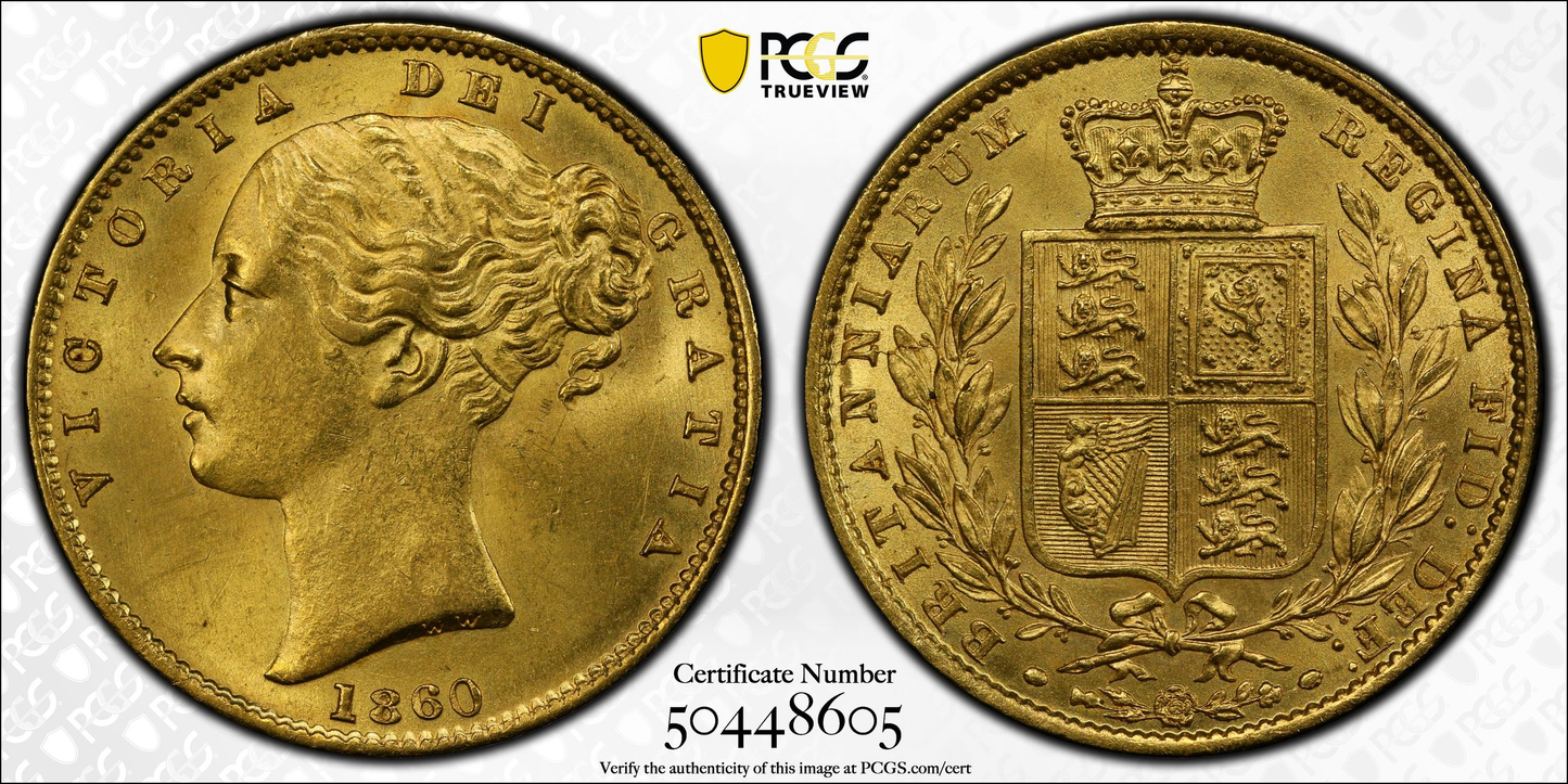 1860 Queen Victoria Shield Reverse Sovereign - 'O/C in Victoria' MS-63