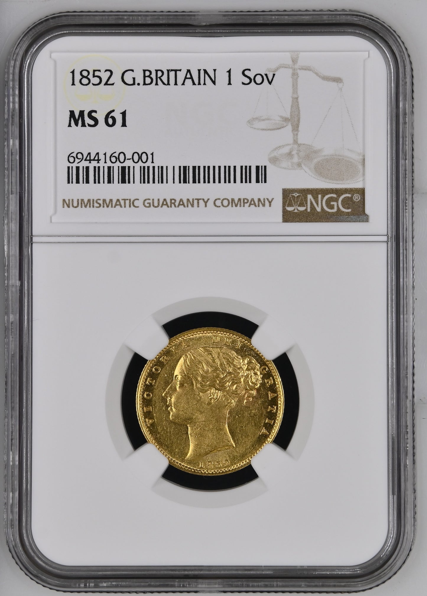 1852 Queen Victoria Shield Reverse Sovereign - NGC MS-61 UNC