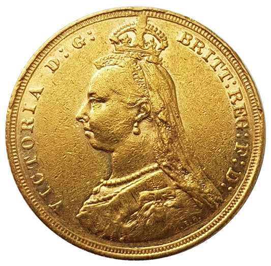 1889-M Queen Victoria Jubilee Head Gold Sovereign (RARE 1st Legend) - DISH M11