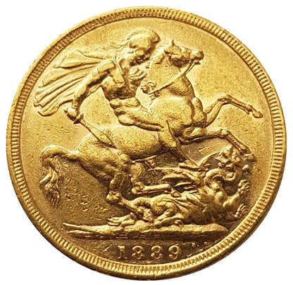 1889-M Queen Victoria Jubilee Head Gold Sovereign (RARE 1st Legend) - DISH M11